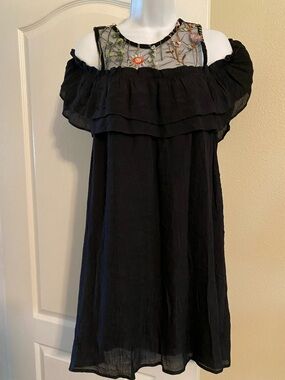 Umgee Black Cold-Shoulder Dress with Floral Embroidered Yoke